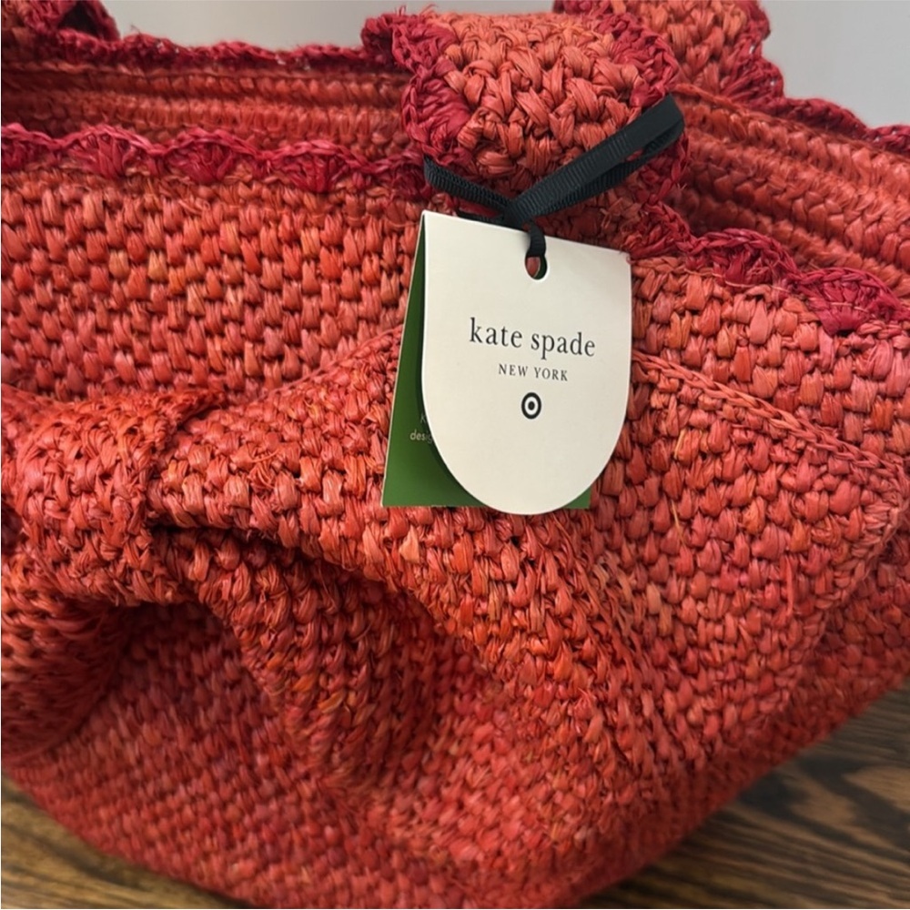 Kate Spade Woven Raffia Bow Tote Bag Orange Summer Straw Shoulder Bag ♠️ - Picture 5 of 10